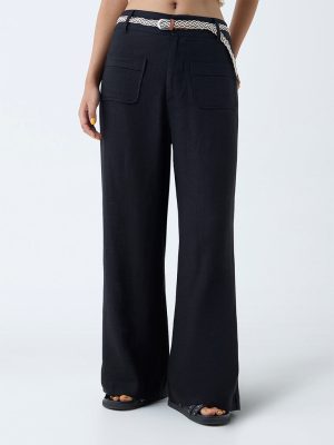 Bombay Paisley Black Solid Flared Pants with Belt