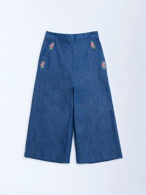 Utsa Kids Dark Blue Floral Embroidered Denim Palazzos - (2-8yrs)