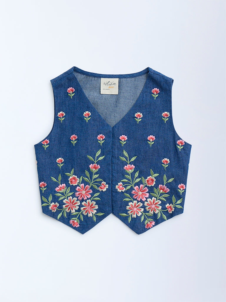 Utsa Kids Dark Blue Floral Embroidered Denim Vest Top - (2-8yrs) - Image 2