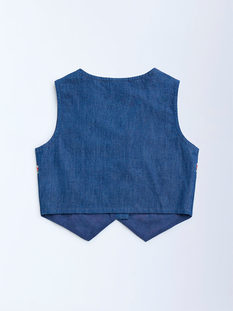 Utsa Kids Dark Blue Floral Embroidered Denim Vest Top - (2-8yrs) - Image 3