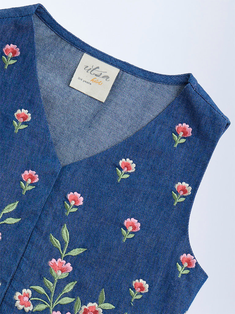 Utsa Kids Dark Blue Floral Embroidered Denim Vest Top - (2-8yrs) - Image 4