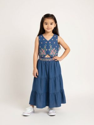 Utsa Kids Dark Blue Floral Embroidered Denim Vest Top - (2-8yrs)