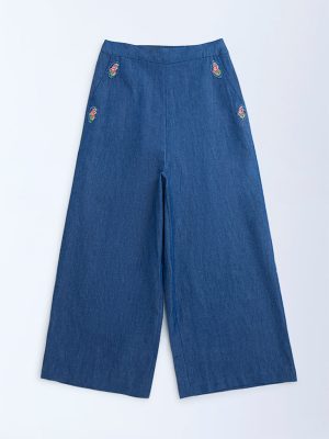 Utsa Kids Dark Blue Floral Embroidered Denim Palazzos - (8-14yrs)