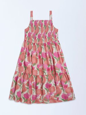 Utsa Kids Pink Foliage Detailed Tiered Dress - (8-14yrs)
