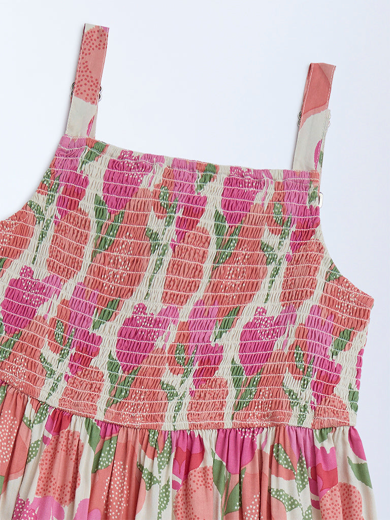 Utsa Kids Pink Foliage Detailed Tiered Dress - (8-14yrs) - Image 3