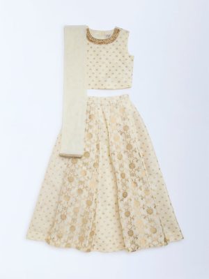 Utsa Kids Off-White Floral Embroidered Ethnic Set - (8-14yrs)