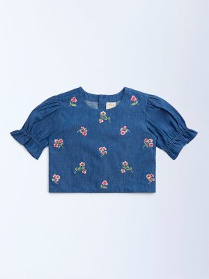 Utsa Kids Dark Blue Floral Embroidered Denim Ethnic Top - (8-14yrs)
