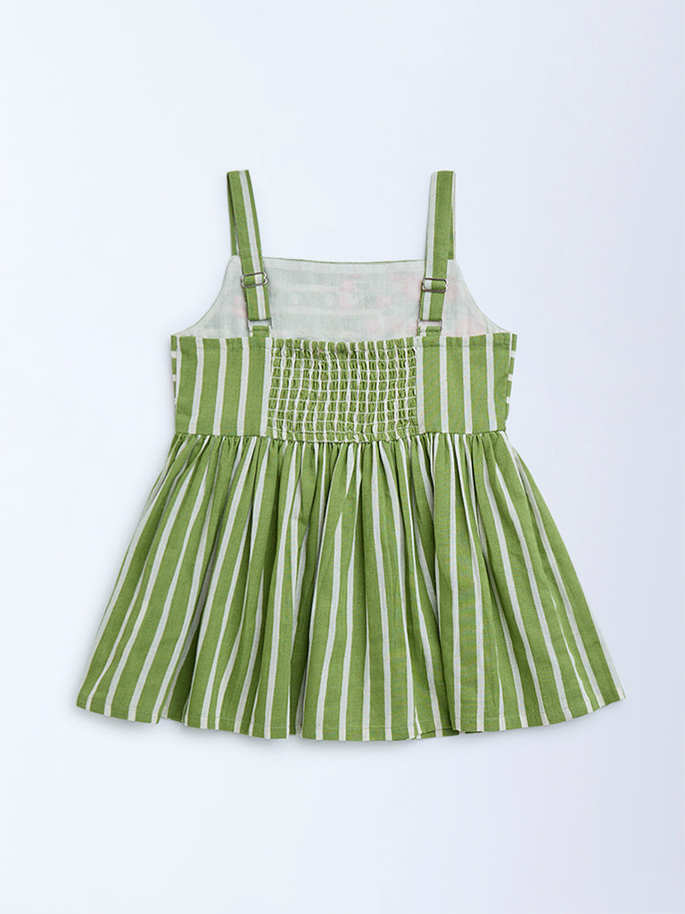 Utsa Kids Green Striped Cotton Ethnic Top - (8-14yrs) - Image 2