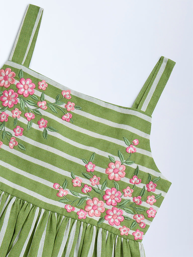 Utsa Kids Green Striped Cotton Ethnic Top - (8-14yrs) - Image 3