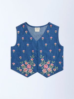 Utsa Kids Dark Blue Floral Embroidered Denim Vest Top - (8-14yrs)