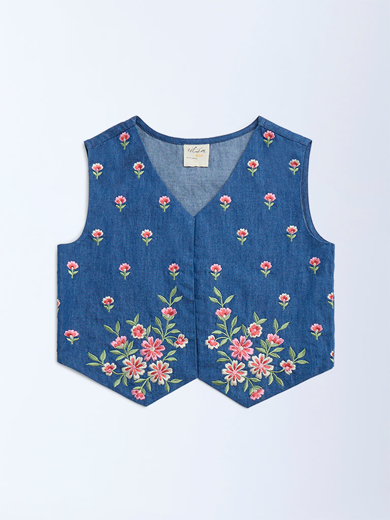 Utsa Kids Dark Blue Floral Embroidered Denim Vest Top - (8-14yrs)