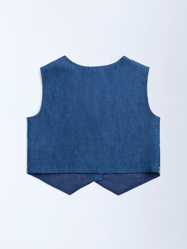 Utsa Kids Dark Blue Floral Embroidered Denim Vest Top - (8-14yrs) - Image 2