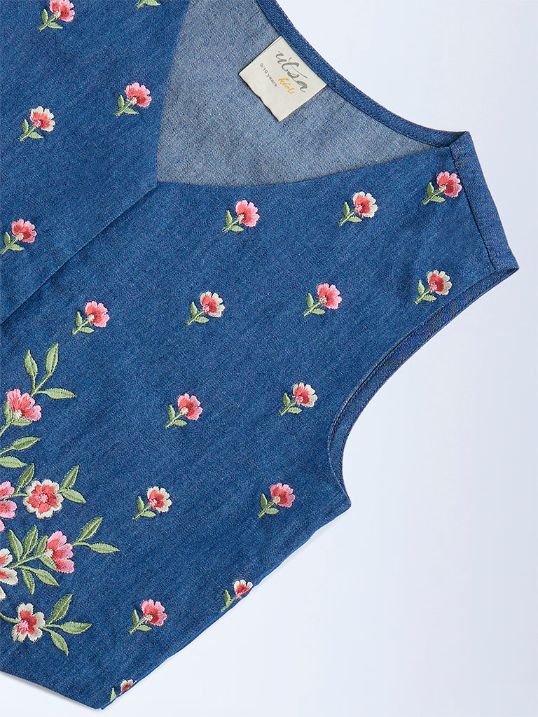 Utsa Kids Dark Blue Floral Embroidered Denim Vest Top - (8-14yrs) - Image 3