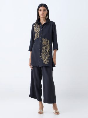 Vark Black Sequin Embellished Tunic with Pants Set