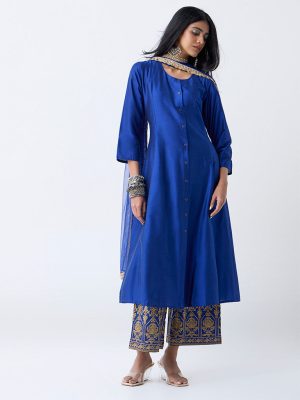 Vark Dark Blue Solid Anarkali Ethnic Set
