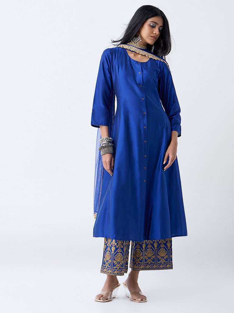 Vark Dark Blue Solid Anarkali Ethnic Set