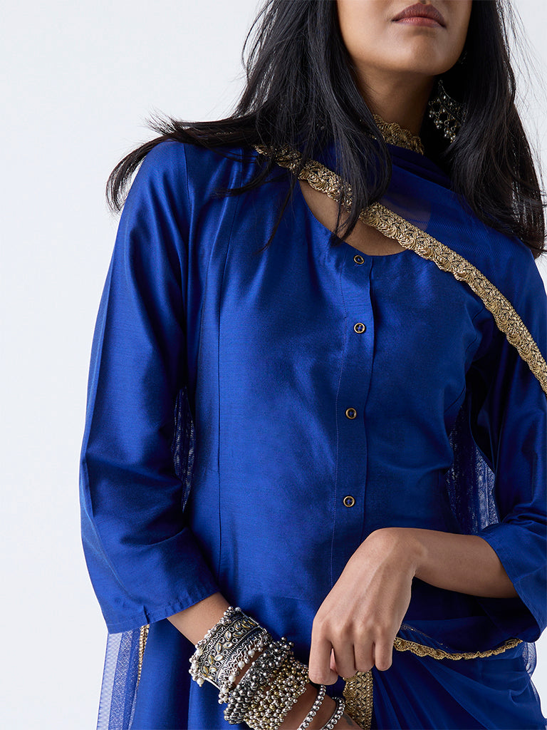 Vark Dark Blue Solid Anarkali Ethnic Set - Image 3