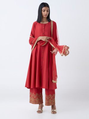 Vark Red Solid Anarkali Ethnic Set