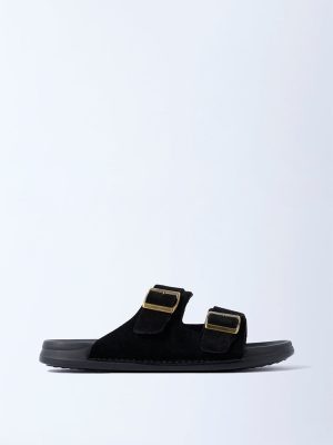 SOLEPLAY Black Dual-Strap Leather Slip-On Sandals