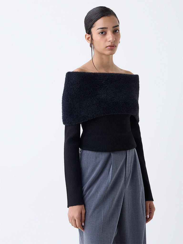 Wardrobe Black Off-Shoulder Knitted Top - Image 2