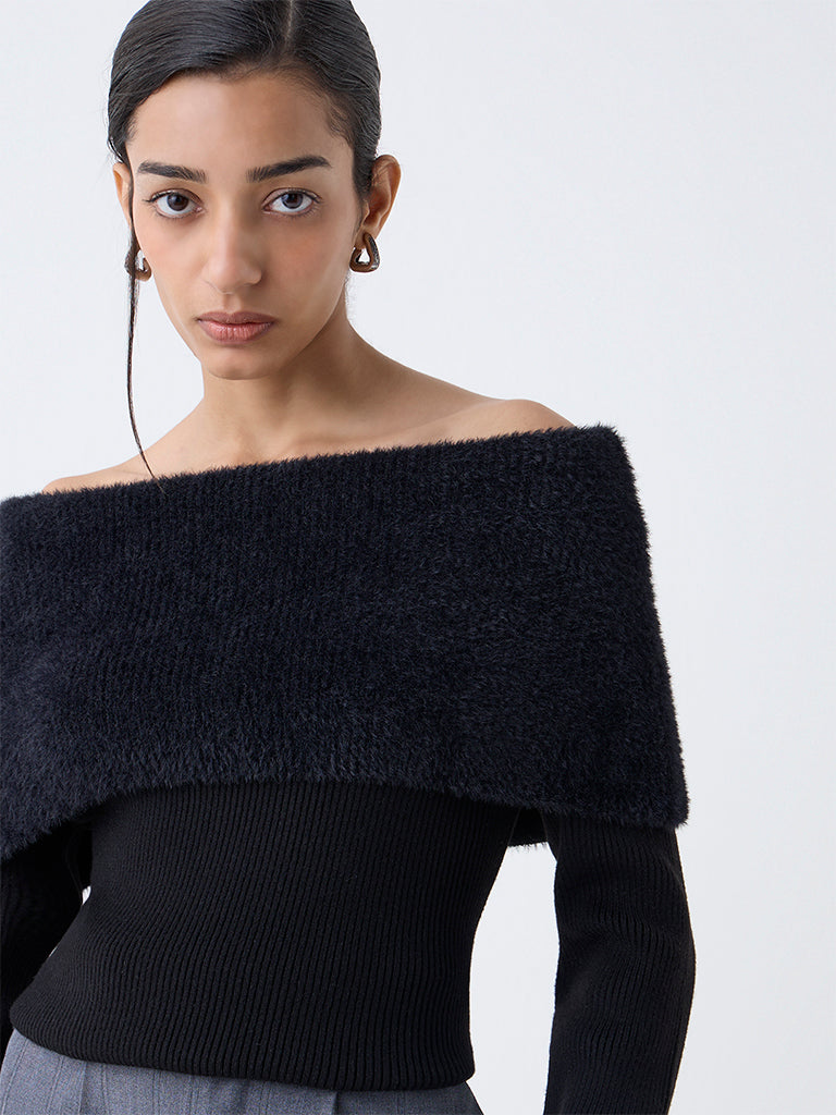 Wardrobe Black Off-Shoulder Knitted Top - Image 3