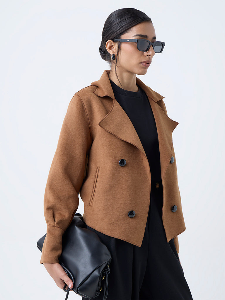 Wardrobe Tan Solid Faux Suede Jacket - Image 2