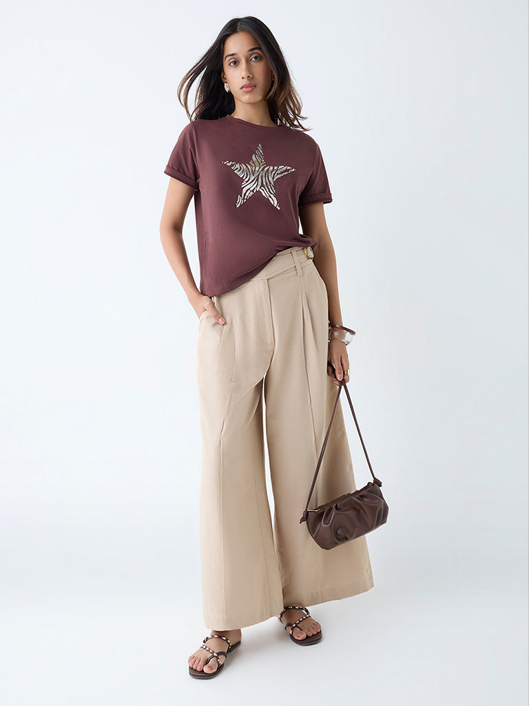 LOV Beige Solid High-Rise Cotton-Blend Trousers