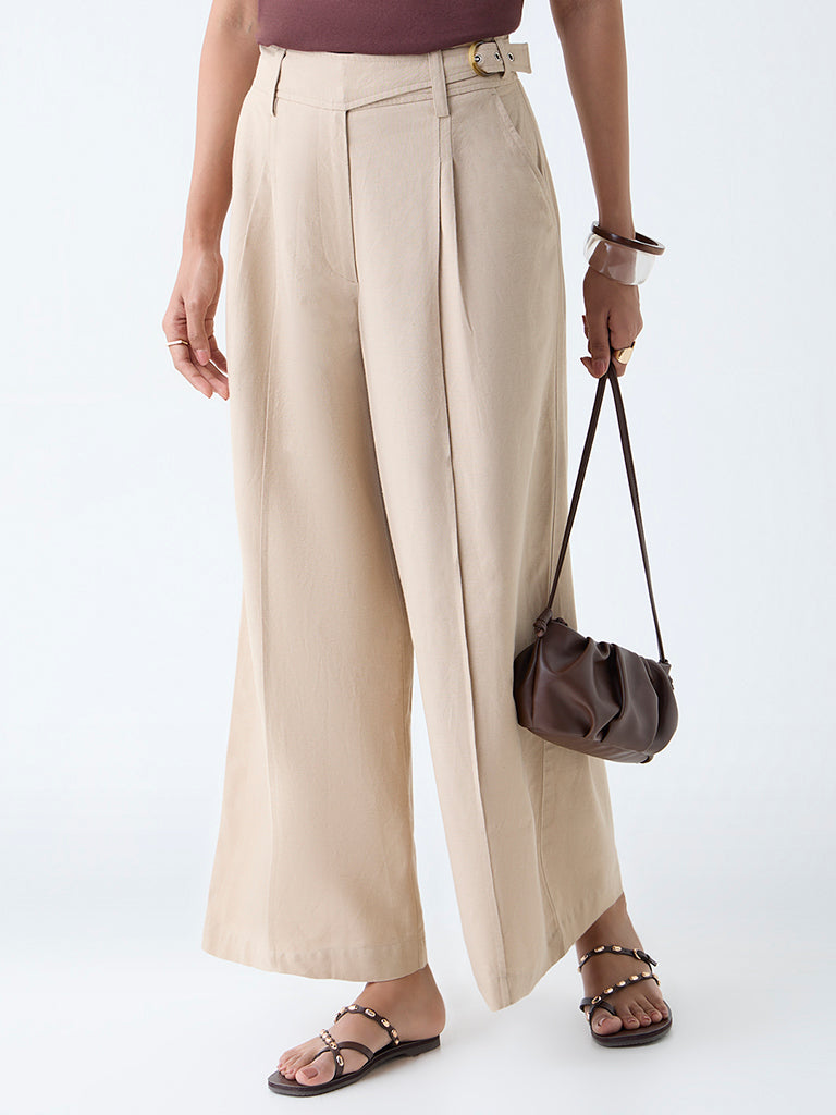 LOV Beige Solid High-Rise Cotton-Blend Trousers - Image 2