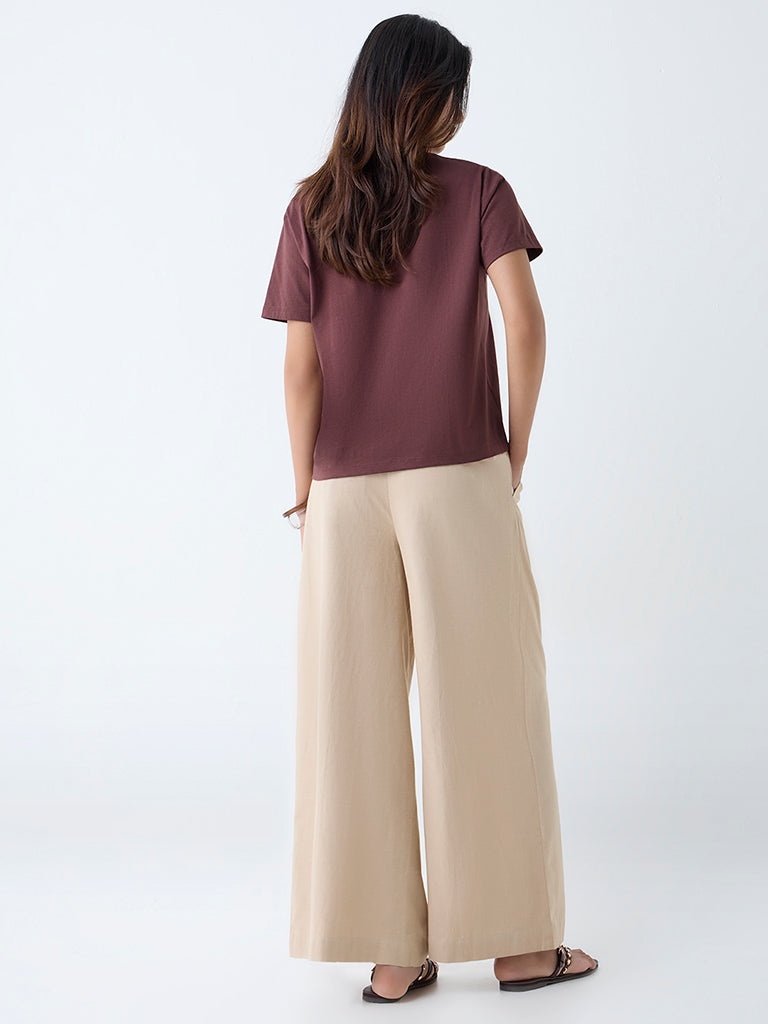 LOV Beige Solid High-Rise Cotton-Blend Trousers - Image 4