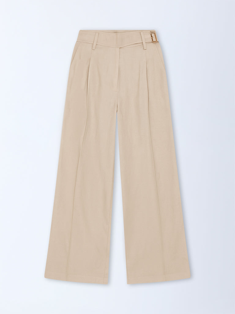 LOV Beige Solid High-Rise Cotton-Blend Trousers - Image 5