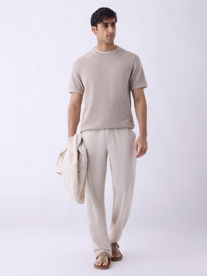 ETA Beige Solid Relaxed-Fit Mid-Rise Pants