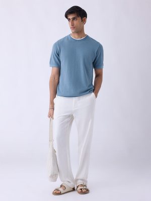 ETA Dusty Blue Woven-Textured Relaxed-Fit Cotton T-Shirt