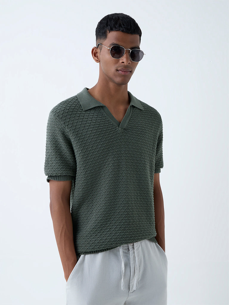 ETA Olive Knit-Textured Relaxed-Fit Cotton Polo T-Shirt - Image 3