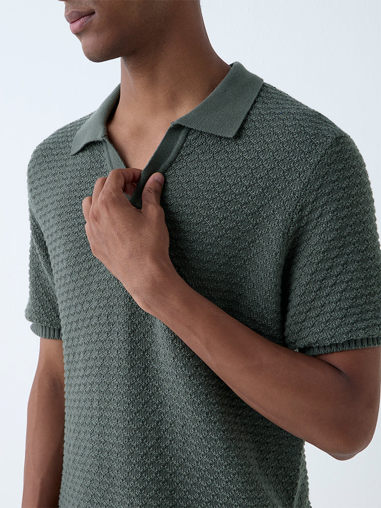 ETA Olive Knit-Textured Relaxed-Fit Cotton Polo T-Shirt - Image 4