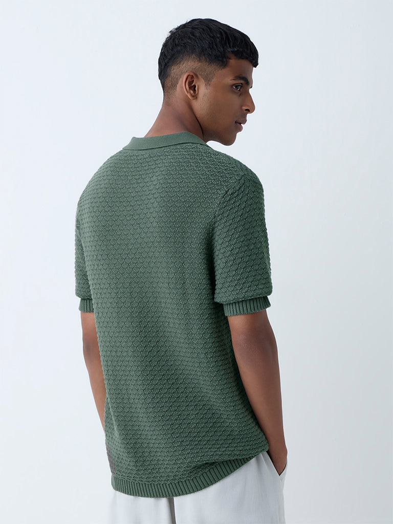 ETA Olive Knit-Textured Relaxed-Fit Cotton Polo T-Shirt - Image 5