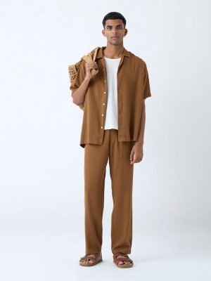 ETA Brown Solid Relaxed-Fit Mid-Rise Pants