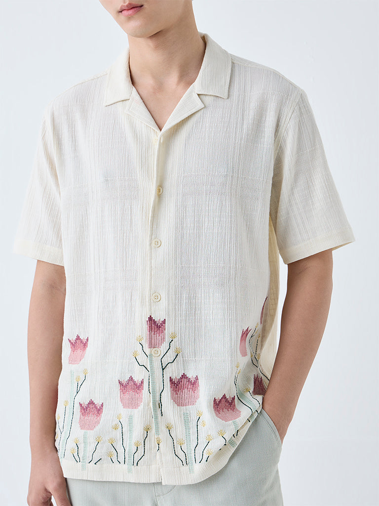 ETA Off-White Floral Embroidered Relaxed-Fit Cotton Shirt - Image 3