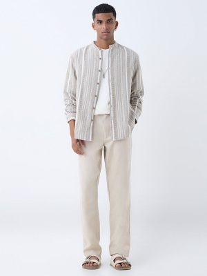 ETA Taupe Stripe Pattern Relaxed-Fit Cotton Shirt