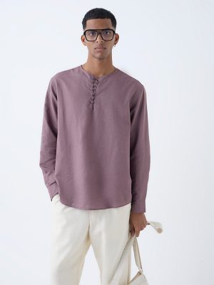 Mens Ethnicwear Lilac Relaxed-Fit Cotton-Blend Short Kurta