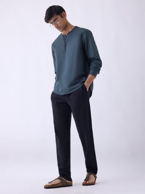 Mens Ethnicwear Teal Relaxed-Fit Cotton-Blend Short Kurta