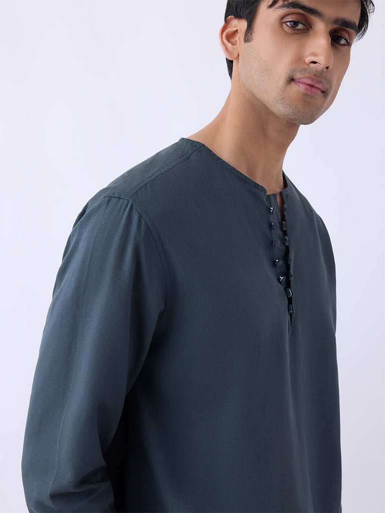 Mens Ethnicwear Teal Relaxed-Fit Cotton-Blend Short Kurta - Image 4