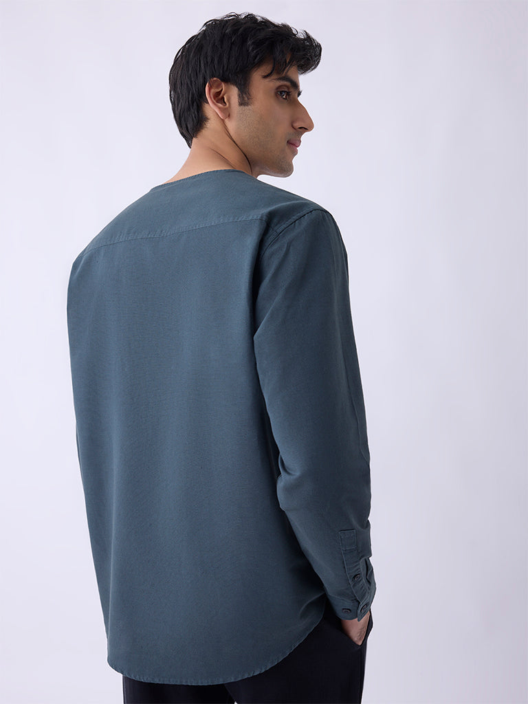 Mens Ethnicwear Teal Relaxed-Fit Cotton-Blend Short Kurta - Image 5