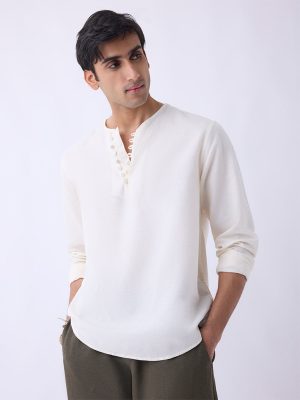 Mens Ethnicwear Off-White Cotton-Blend Short Kurta