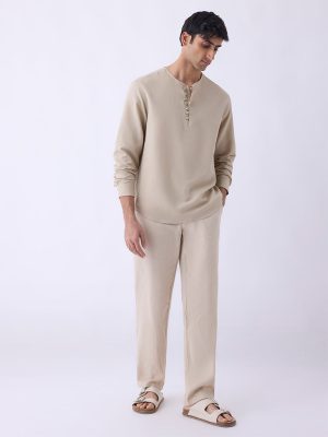 Mens Ethnicwear Beige Relaxed-Fit Cotton-Blend Short Kurta