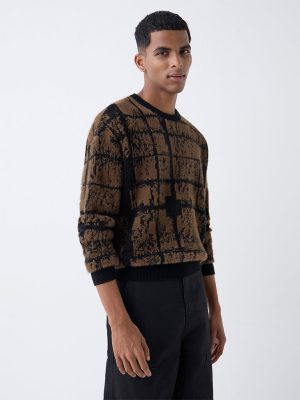 Nuon Brown Abstract Detailed Relaxed-Fit Sweater