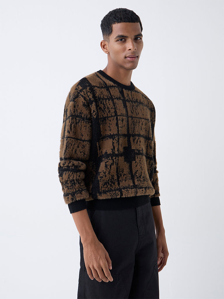 Nuon Brown Abstract Detailed Relaxed-Fit Sweater
