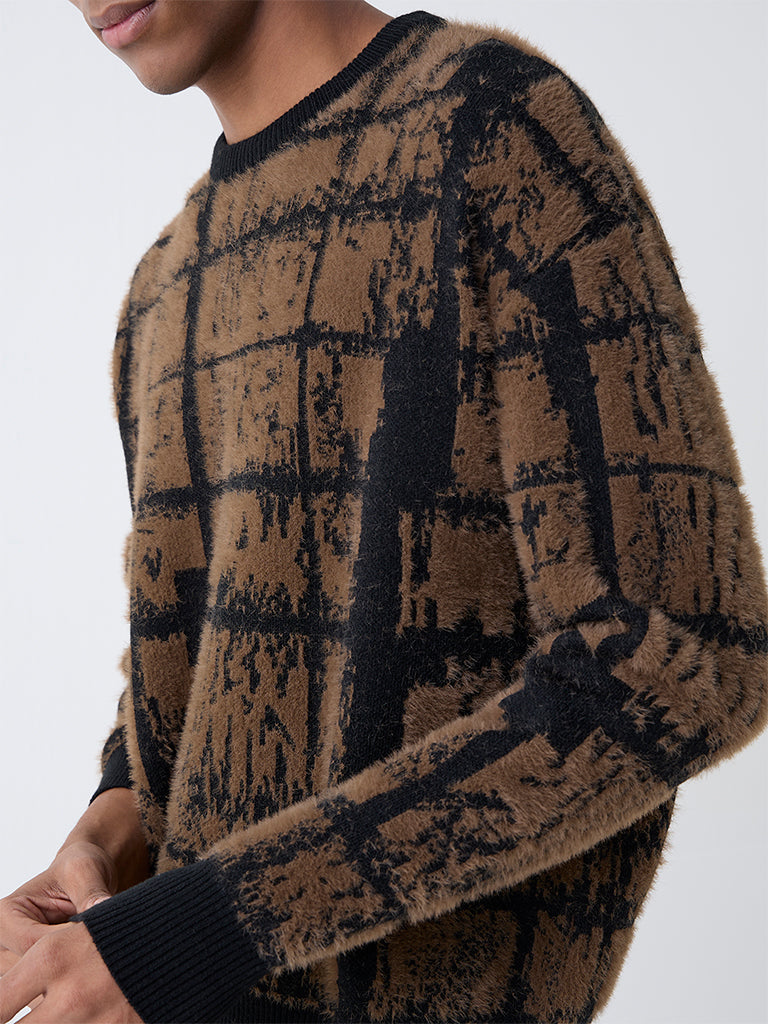 Nuon Brown Abstract Detailed Relaxed-Fit Sweater - Image 3