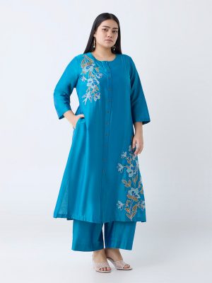 Diza Teal Floral Embroidered A-Line Kurta