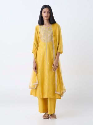 Vark Yellow Floral Embroidered A-Line Cotton-Blend Ethnic Set