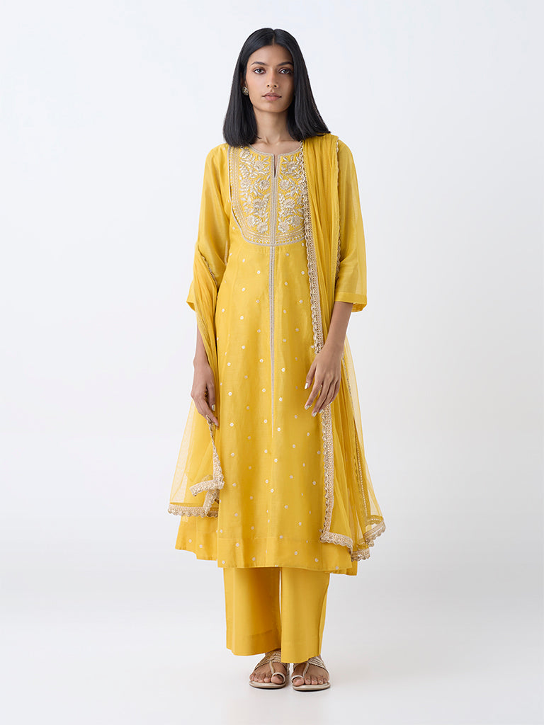 Vark Yellow Floral Embroidered A-Line Cotton-Blend Ethnic Set